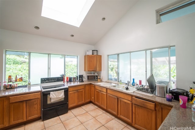 kitchen with sink, high vaulted ceiling, a healthy amount of sunlight, and white electric stove