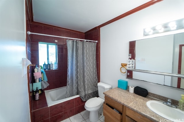 full bathroom featuring shower / bath combo, toilet, tile patterned flooring, crown molding, and vanity