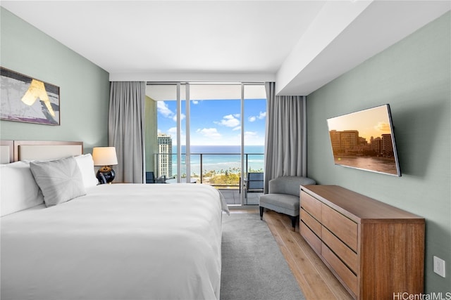 bedroom featuring access to exterior, multiple windows, light hardwood / wood-style floors, and floor to ceiling windows