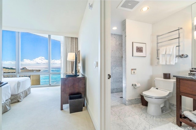 bathroom featuring vanity, toilet, and tiled shower