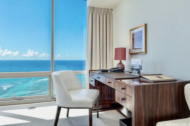 office featuring light carpet and a water view