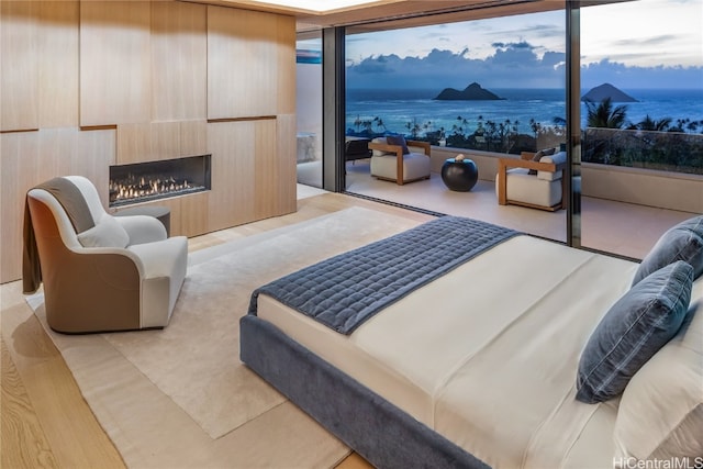 bedroom featuring a water view, a fireplace, and light wood-type flooring