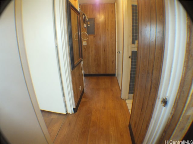 hall with wood walls and light hardwood / wood-style flooring