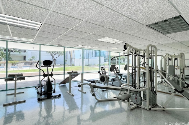 workout area with expansive windows and a drop ceiling