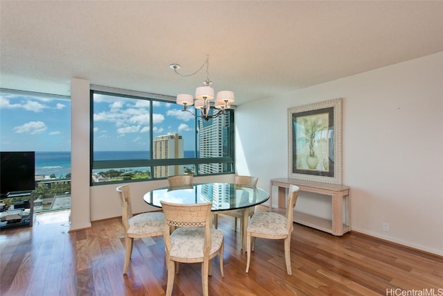 dining area with baseboards, a chandelier, and wood finished floors