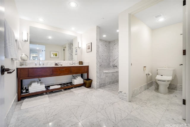 bathroom featuring vanity, toilet, and a tile shower