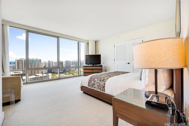 carpeted bedroom featuring expansive windows, multiple windows, and a closet