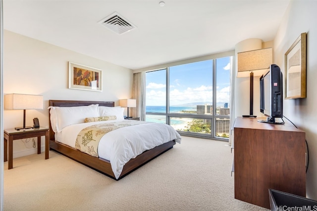 carpeted bedroom featuring expansive windows