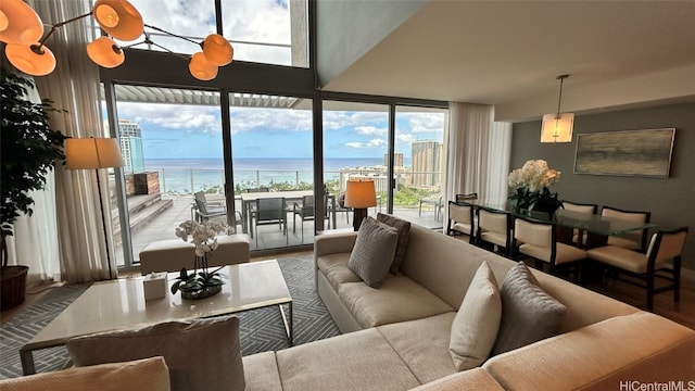 building lobby featuring a water view