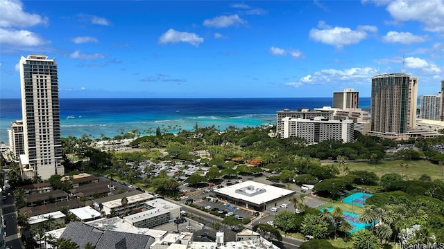 bird's eye view with a water view