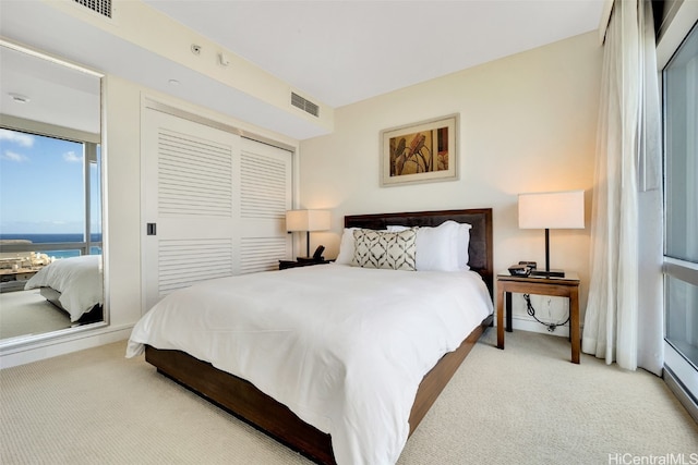 bedroom with a closet, light carpet, and a water view