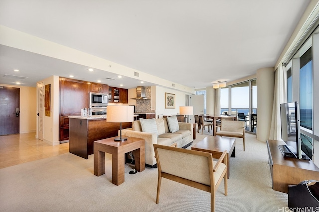 living room with light colored carpet