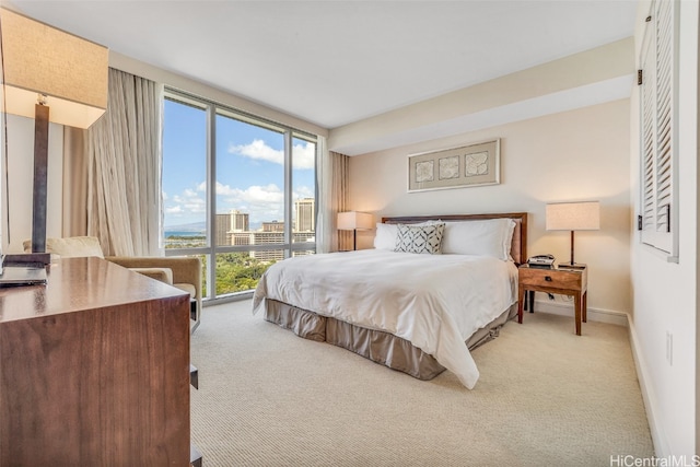 bedroom with light carpet