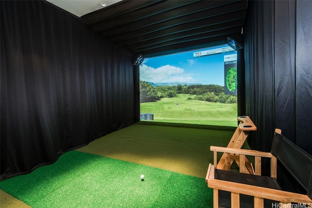 game room featuring carpet flooring and golf simulator