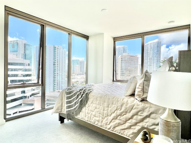 bedroom with carpet flooring, multiple windows, and floor to ceiling windows