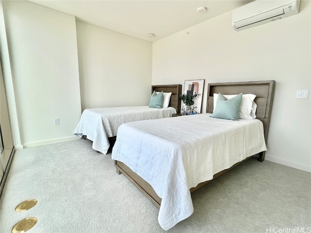 carpeted bedroom featuring an AC wall unit