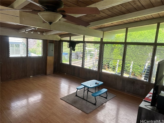 sunroom / solarium with beamed ceiling, electric panel, wood ceiling, and ceiling fan