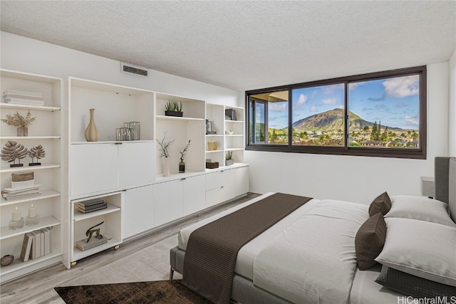 bedroom with light hardwood / wood-style flooring, a mountain view, and a textured ceiling