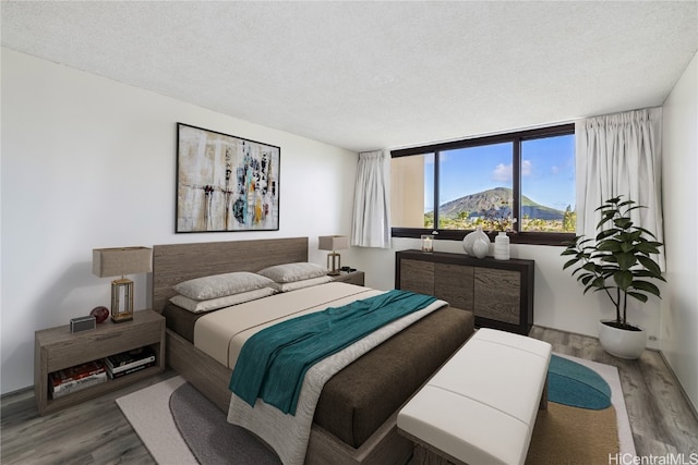 bedroom with a mountain view, a textured ceiling, and hardwood / wood-style floors