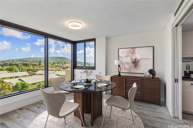 dining area featuring light hardwood / wood-style flooring and a textured ceiling