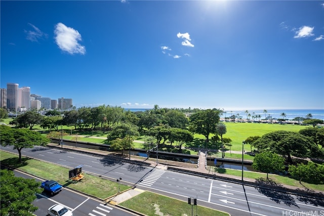 birds eye view of property featuring a water view