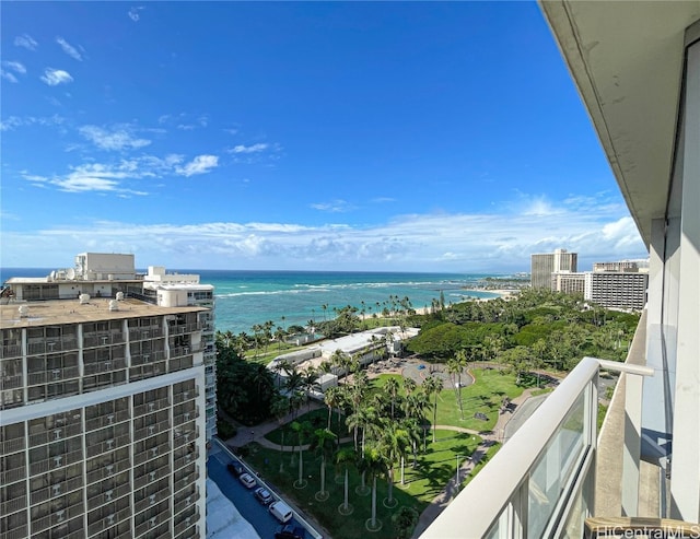 balcony featuring a water view