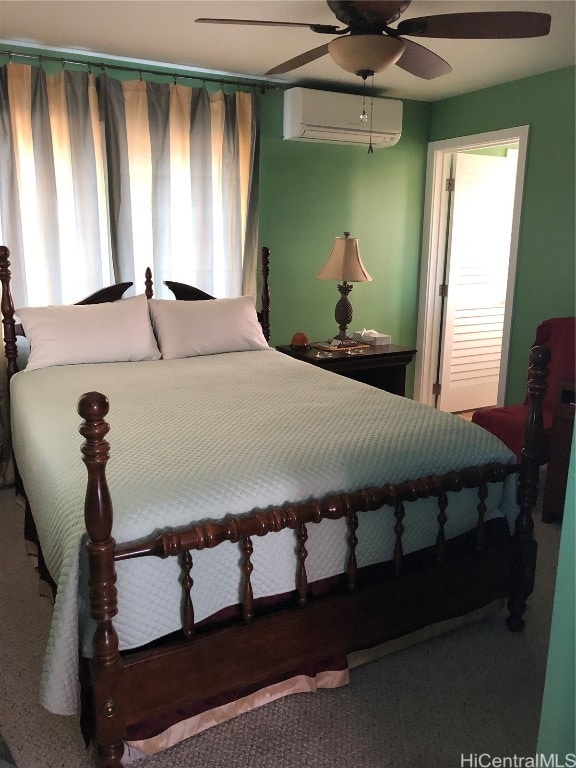 bedroom featuring carpet flooring, a wall mounted air conditioner, and ceiling fan