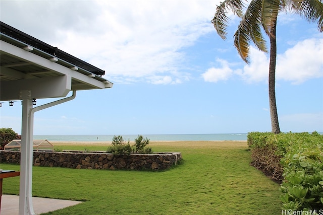 view of yard featuring a water view and a beach view