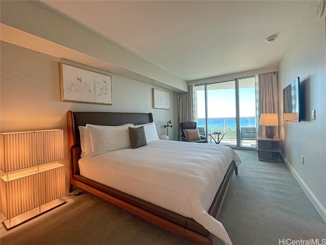 carpeted bedroom featuring a wall of windows and access to exterior