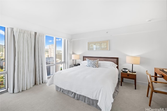 bedroom with light carpet