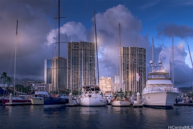 property's view of city featuring a water view