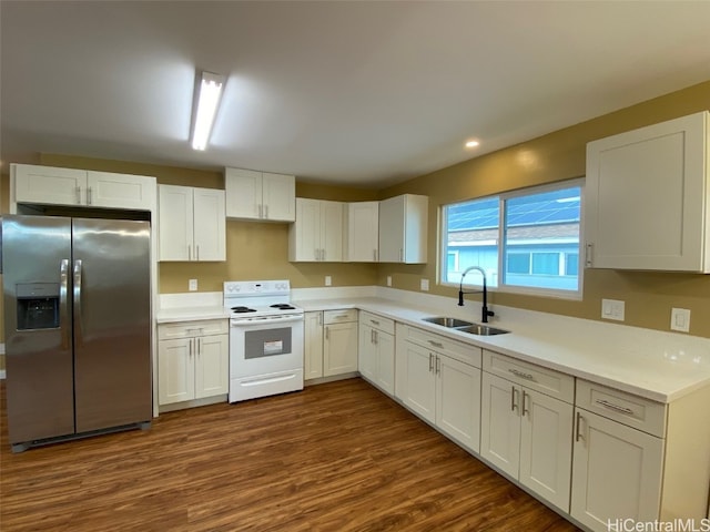 kitchen with dark hardwood / wood-style floors, sink, stainless steel fridge with ice dispenser, white electric stove, and white cabinets