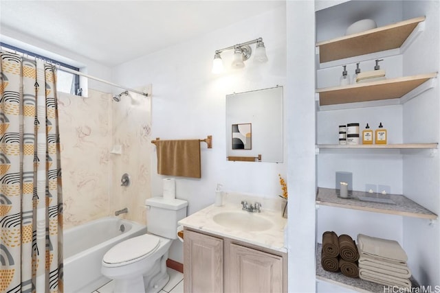 full bathroom featuring tile patterned flooring, vanity, shower / bath combination with curtain, and toilet