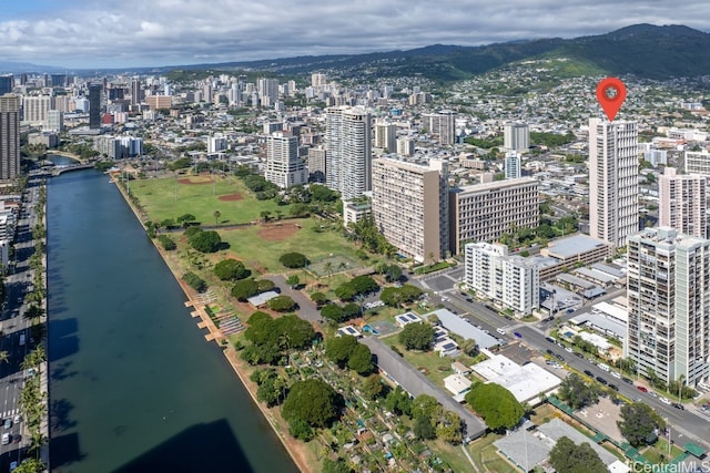 birds eye view of property featuring a water and mountain view