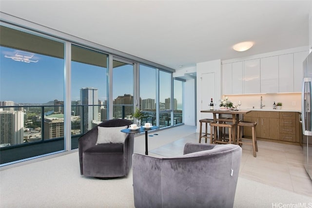 tiled living room featuring a wall of windows and sink