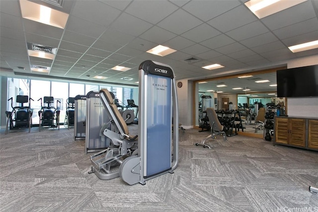 workout area featuring carpet and a drop ceiling