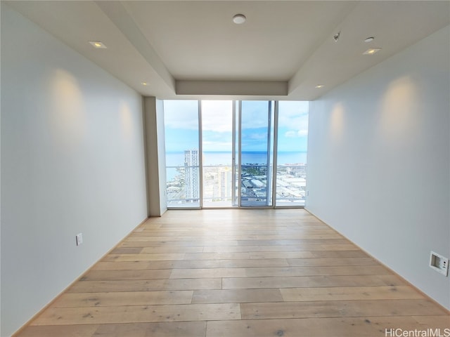 unfurnished room featuring light hardwood / wood-style floors and a wall of windows