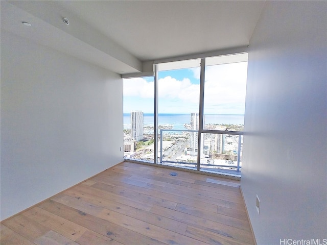 unfurnished room featuring expansive windows, light hardwood / wood-style flooring, and a water view