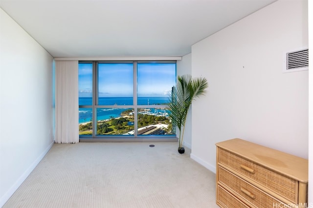 carpeted spare room with a water view