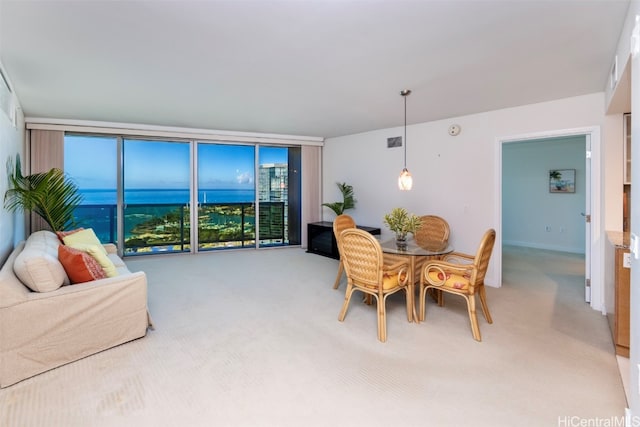 carpeted dining area featuring expansive windows