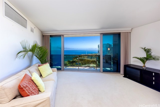 carpeted living room featuring a water view