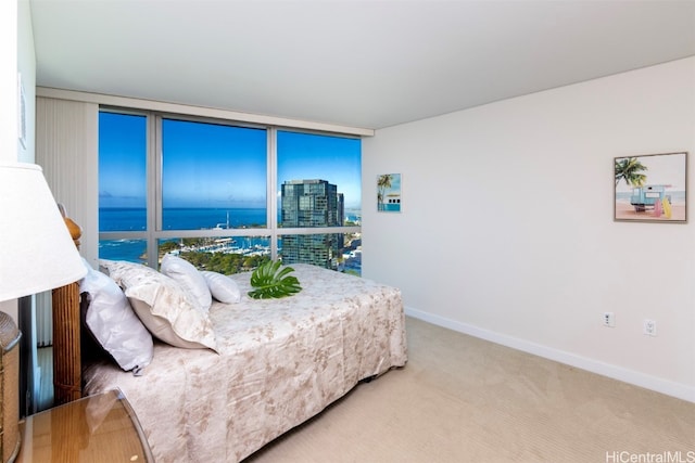 bedroom featuring expansive windows, carpet floors, and a water view