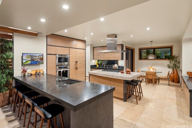 kitchen with island exhaust hood, a breakfast bar area, appliances with stainless steel finishes, pendant lighting, and sink