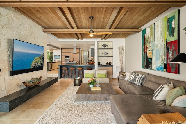 living room with beam ceiling, ceiling fan, and wooden ceiling