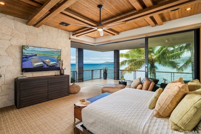 bedroom with beam ceiling, wood ceiling, and ceiling fan