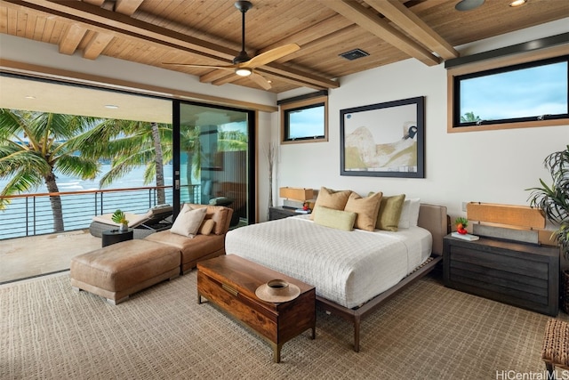 carpeted bedroom with beam ceiling, multiple windows, wooden ceiling, and ceiling fan