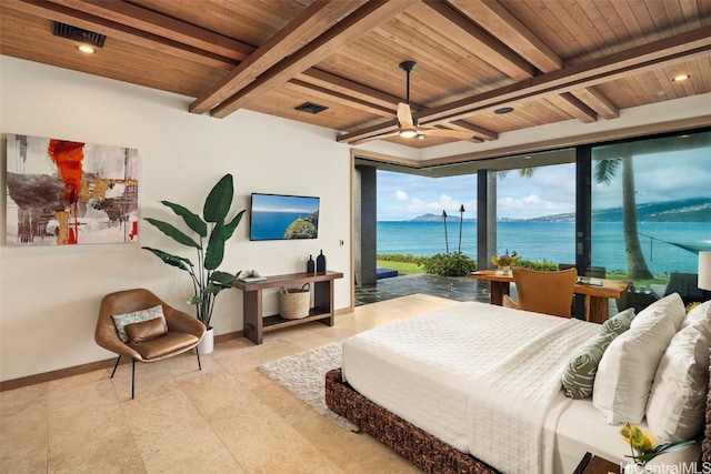 bedroom with beam ceiling, ceiling fan, access to outside, and wooden ceiling