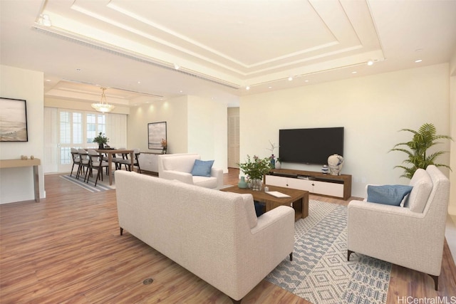 living room featuring hardwood / wood-style floors and a raised ceiling