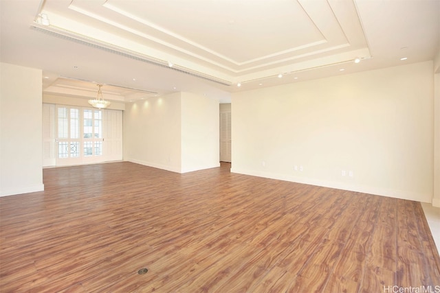 spare room featuring wood-type flooring and a tray ceiling