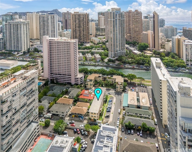 aerial view featuring a water view